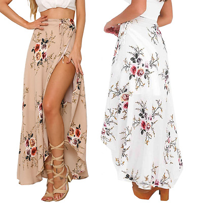 #ad Women Boho Chiffon High Waist Summer Beach Long Maxi Dress Floral Split Skirt US $14.98