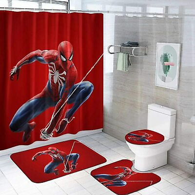 #ad Marvel Spider Man Bathroom Set Shower Curtain Non Slip Bath Mat Toilet Lid Cover $29.44