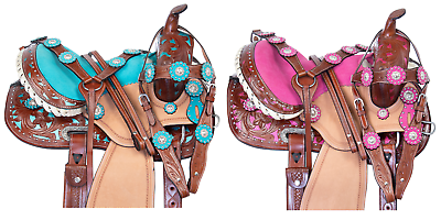 #ad HORSE SADDLE WESTERN PLEASURE TRAIL BARREL RACING BLUE PINK INLAY LEATHER TACK $332.49