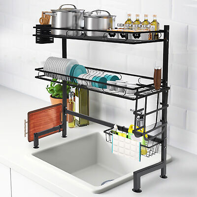 #ad 2 Tiers Dish Drying Rack Over Sink Cutlery Drainer Kitchen Cup Organizer 62cm $51.87