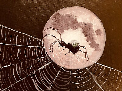 #ad Spider painting.original oil art moon night picture . Halloween Painting.dark $45.50