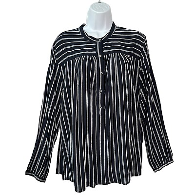 #ad Lucky Brand blouse 2X High neck Popover Blue white stripe Long sleeve Womens top $10.17