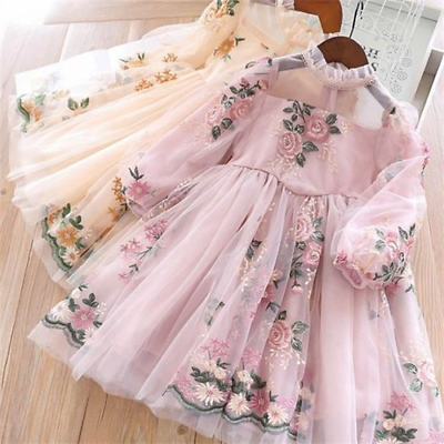 #ad Girl Kids Elegant Flower Long Sleeves Dress Party Princess Lace Dress Casual $31.40