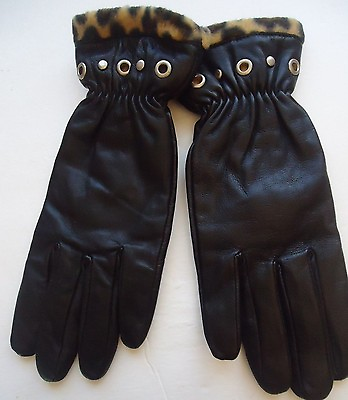 #ad Ladies Leopard Cuff Trim Genuine Leather Gloves M Black $27.99