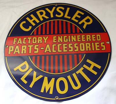 #ad VINTAGE CHRYSLER PLYMOUTH ANDE ROONEY PORCELAIN ENAMELED PARTS 11quot; SIGN $59.95
