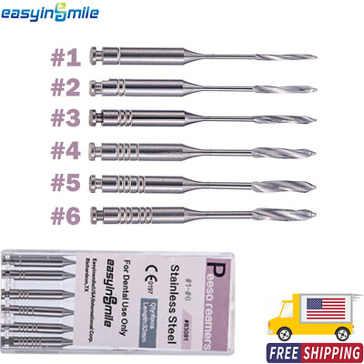 #ad 6PCS Peeso Reamers Dental Drills Stainless Steel Endo Burs #1 #6 Engine Use 32MM $10.90