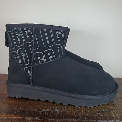 #ad UGG Classic Mini Logo Snow Boots Womens Size 7 Suede Shearling Black $59.98