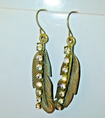 #ad feather earrings with rhinestones long dangle drop 2#x27;#x27; long bronze tone. freedom $11.00