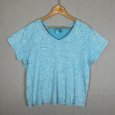 #ad Fresh Produce T Shirt Womens Top 2X Paisley Floral Blue Pocket V Neck Tee EUC $14.95