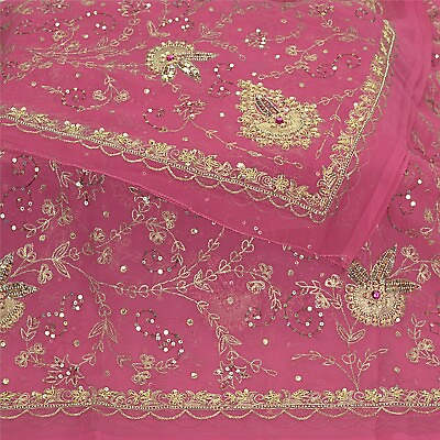 #ad Sanskriti Vintage Pink Dupatta Pure Georgette Silk Hand Beaded Zardozi Stole $64.99