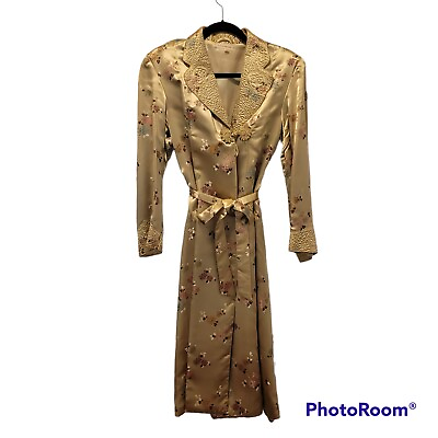 #ad Vintage Chinese Womens Gold Silk Brocade Embroidered Long Coat Jacket Robe Small $200.00