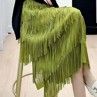 #ad Ladies Layered Tiered Fringe Tassel Long Skirt Elegant Elastic High Waist Skirt $34.05