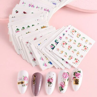 #ad 55pcs Flowers Lace Water Nail Stickers Set Glitter Charms Floral Nail Art $6.99
