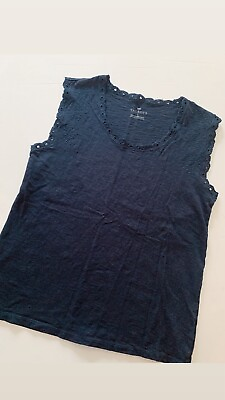 #ad Talbots Womens 100% Cotton Sz M Scoop Neck Eyelet Tank Top Solid Navy Blue $20.99