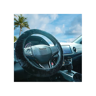#ad 3Pc Universal Fur Wool Steering Wheel Cover For Car Fluffy Anti Slip 15” Black $29.85