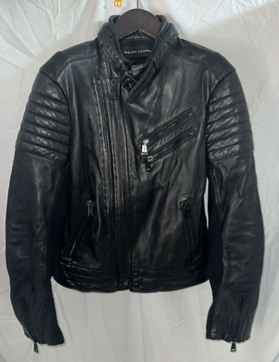 #ad M RALPH LAUREN Black Label Men Black Leather Biker Riders Riding Moto jacket $675.00