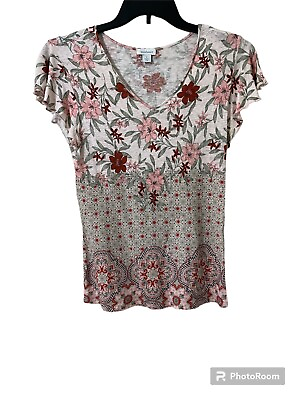 #ad Sundance Linen Floral Print V neck shirt Size Small GG200 $26.61