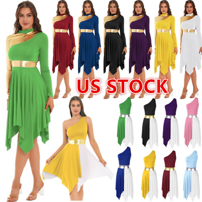 #ad US Women#x27;s Metallic Color Block Praise Dance Dress Long Sleeve Lyrical Dancewear $18.67