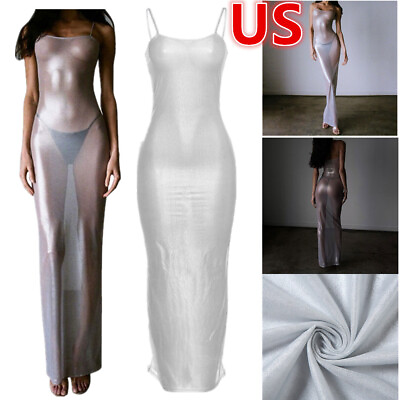 #ad US Women Mesh See Through Maxi Long Dress Shimmering Backless Bikini Swimsuit $15.52
