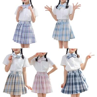 #ad Girls JK School Uniform Dress Short Sleeve Shirt Bowknot Plaid Pleated Skirt Set $12.76