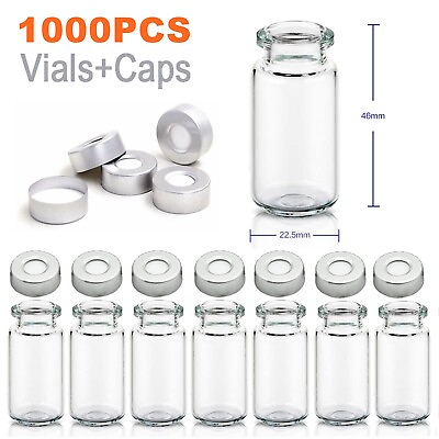 #ad 1000PCS 10ml Clear Glass Headspace Vials with 20mm Aluminum Caps Round Bottom $197.99
