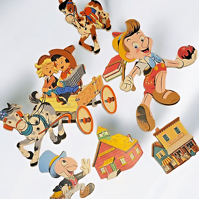 #ad Vintage Disney 1951 Pinocchio 6 Pressboard Characters in Full Set Scene $39.99