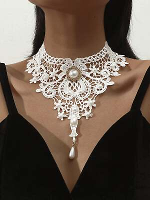 #ad Pearl Decor Lace Necklace Statement Necklace Vintage Necklace Retro $5.32