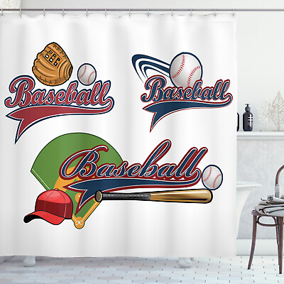#ad Ball Mitt Bat Baseball Cap and Sports Equipment Decor Print Shower Curtain Set $31.99
