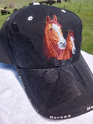 #ad Horses Horse Heads Reflection Mare Colt Black Embroidered Cap Hat Adjustable $10.55