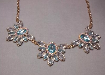 #ad Beautiful Gold Tone Blue Sparkling Rhinestone Bib Statement Metal Chain Necklace $14.95