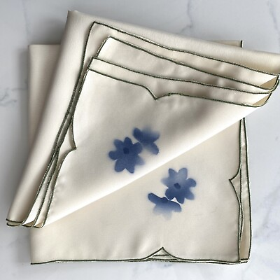 #ad Vintage Sateen Napkins White with Blue Flowers and Green Hem 🤍💙💚 Sets Of 2 $11.00
