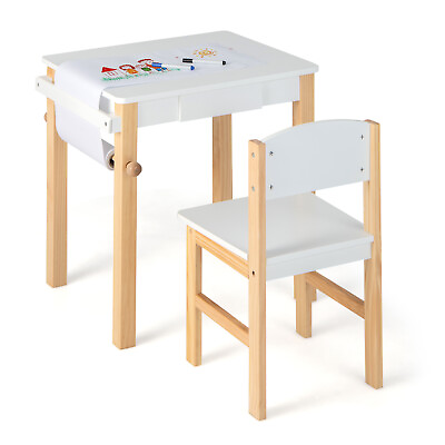 #ad Kids Table and Chair Set Wooden Activity Drawing Study Desk w Paper Roll Drawer $69.99