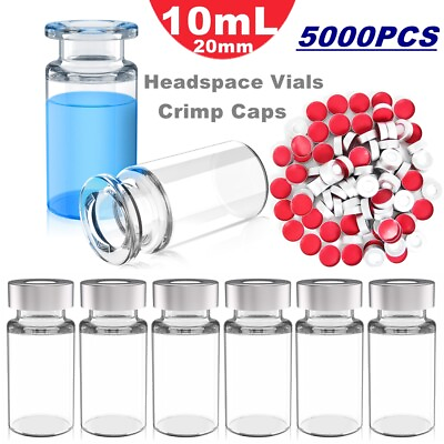 #ad 5000pcs Flat Bottom 10ml LAB Headspace Clear Vials20mm Crimp Seal Aluminum Caps $229.99