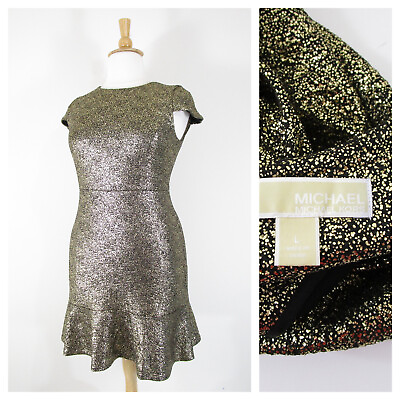 #ad MICHAEL Michael Kors Plus Size Gold Metallic Short Sleeve Sheath Dress L 12 14 $49.95