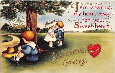 #ad D75 Valentine#x27;s Day Love Holiday Postcard c1910 Gold Broken Heart Kids Kiss 1 $7.00