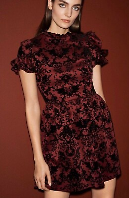 #ad AQUA BLACK Velvet Floral Print Party Skater Dress Sz Small Ruffle Details $24.99