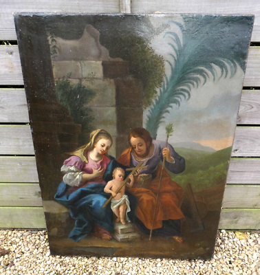 #ad Antique 1800s Oil canvas Holy family painting mary joseph jesus rare religious $1787.50