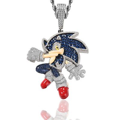 #ad Zircon Sonic Hedgehog Iced out Brass pendant Bling Necklace With Fully Zirconia $35.77