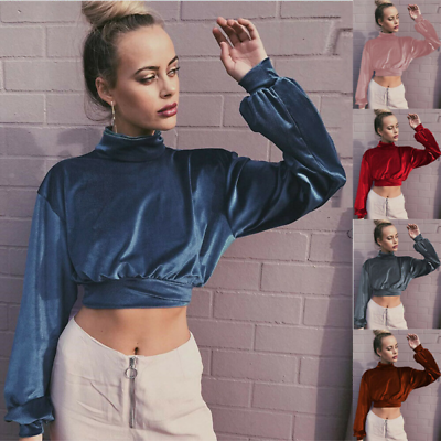 #ad Fashion Women Blouse Shirt Tops High Neck Long Sleeves Velvet Cropped Slim Fit $36.19
