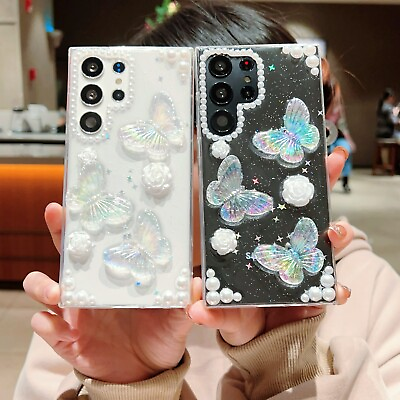 #ad Cute Butterfly Case Wrist Strap Clear Cover For Samsung S24 S23ULTRA A14 A54 A55 $8.99