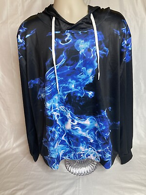 #ad pullover hoodie graphic full print sweatshirt black blue flame design xl $17.99
