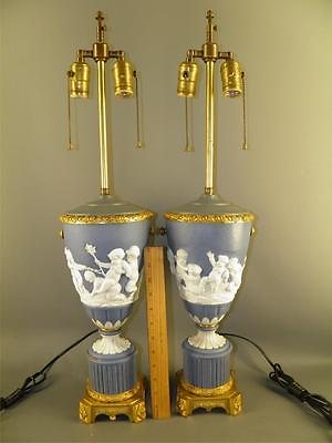 #ad Antique Pair Blue Jasperware Tall Table Banquet Lamps Cherubs Ornate Bases $1232.50