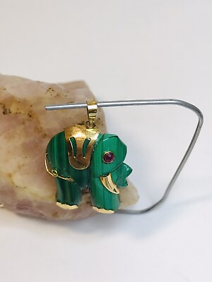 #ad 14k Yellow Gold Carved Green Malachite Ruby Eyed Elephant Pendant “Lucky” $135.00