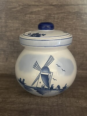 #ad Vintage Blue Delft Jam Jar Honey Pot Scene of Windmill House Flower 4.5quot; Holland $10.00