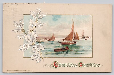 #ad Postcard Seasons Greetings Boats on Water Silver Holly Berries Winsch Post 1913 $5.75