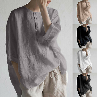 #ad Summer Women Cotton Linen Plain T Shirt Blouse Ladies Casual Loose Top Tunic Tee $18.04
