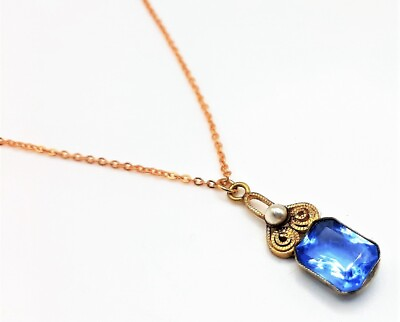 #ad Antique Art Deco Blue Czech Glass Open Back Goldtone Antique Pendant Necklace $69.99