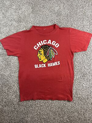 #ad Vintage Chicago Blackhawks Men Red Spell Out Warrior Single Stitch T Shirt Sz M $27.52