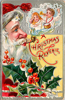 #ad Vtg 1909 Christmas Reverie St Nicholas Santa Smoke Pipe Children Gold Postcard $26.99