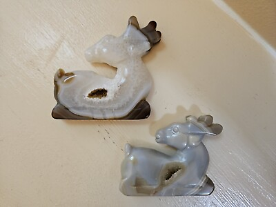#ad Set Of Two Unique Druzy Agate Crystal Deer Carvings W Beautiful Banding Magical $60.00